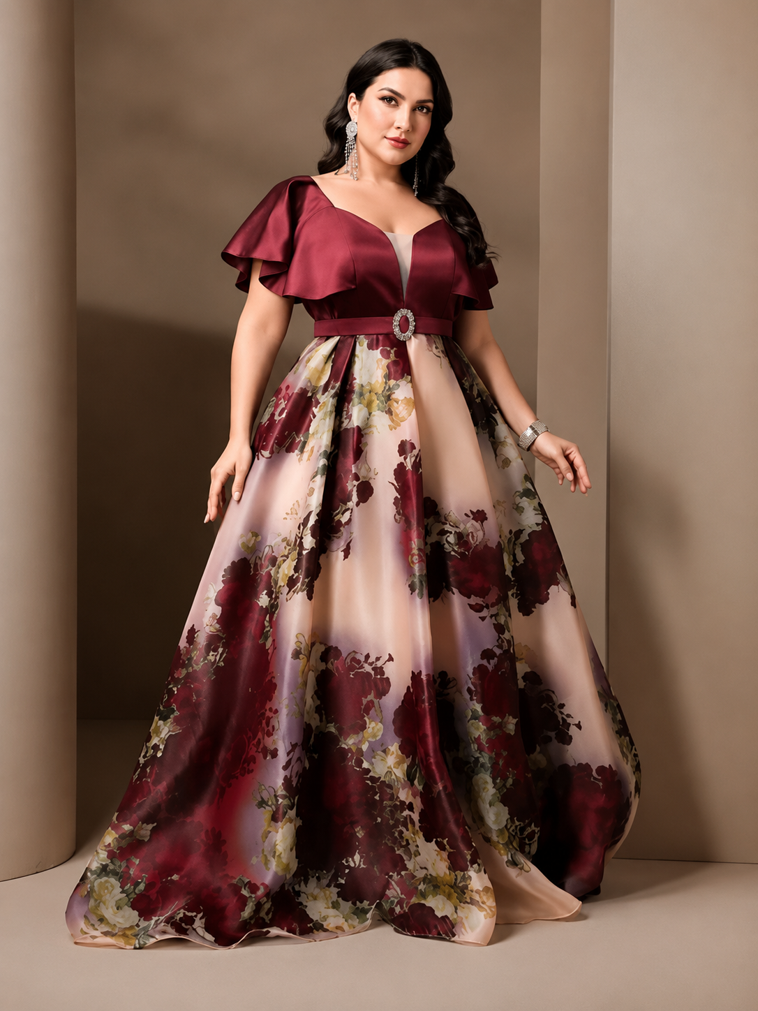 Rovika Fashion Women's Premium Satin Floral Print Party Wear Maxi Gown with Belt