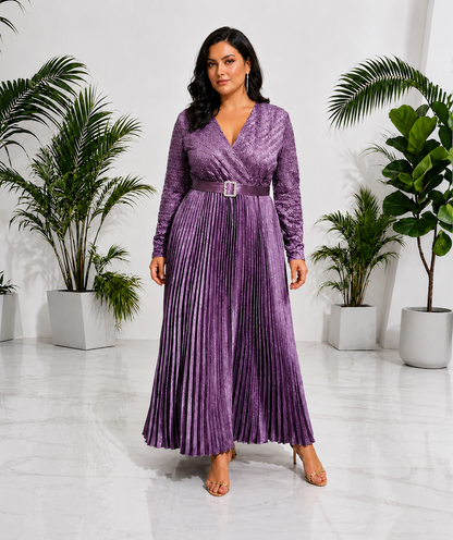 Women's Lavender Pleated Party Wear Gown with Belt