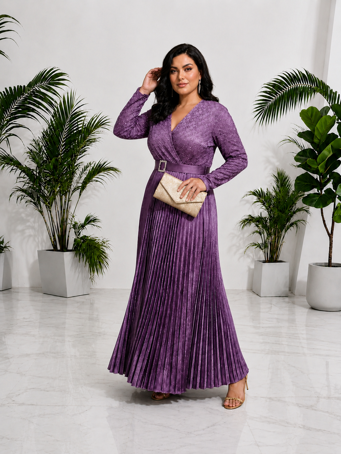 Women's Lavender Pleated Party Wear Gown with Belt