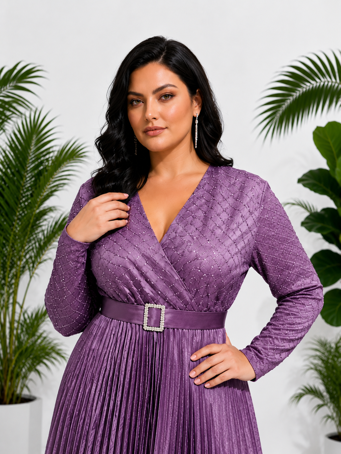 Women's Lavender Pleated Party Wear Gown with Belt