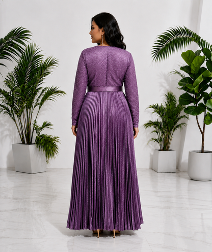 Women's Lavender Pleated Party Wear Gown with Belt