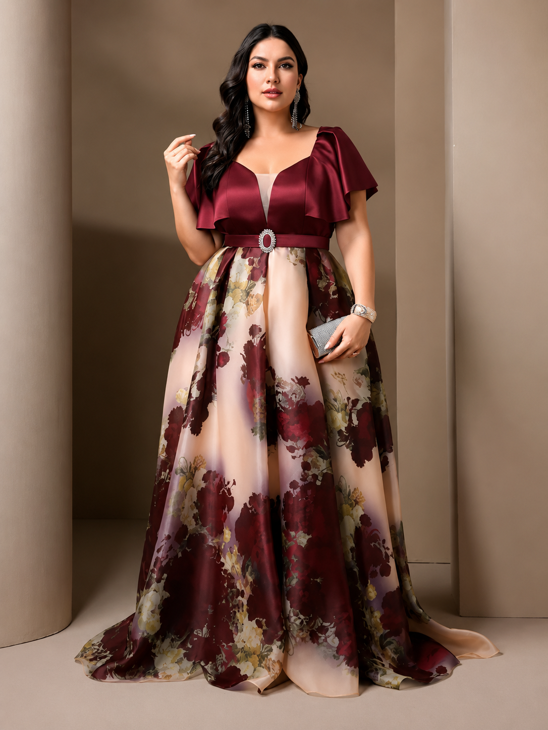 Rovika Fashion Women's Premium Satin Floral Print Party Wear Maxi Gown with Belt