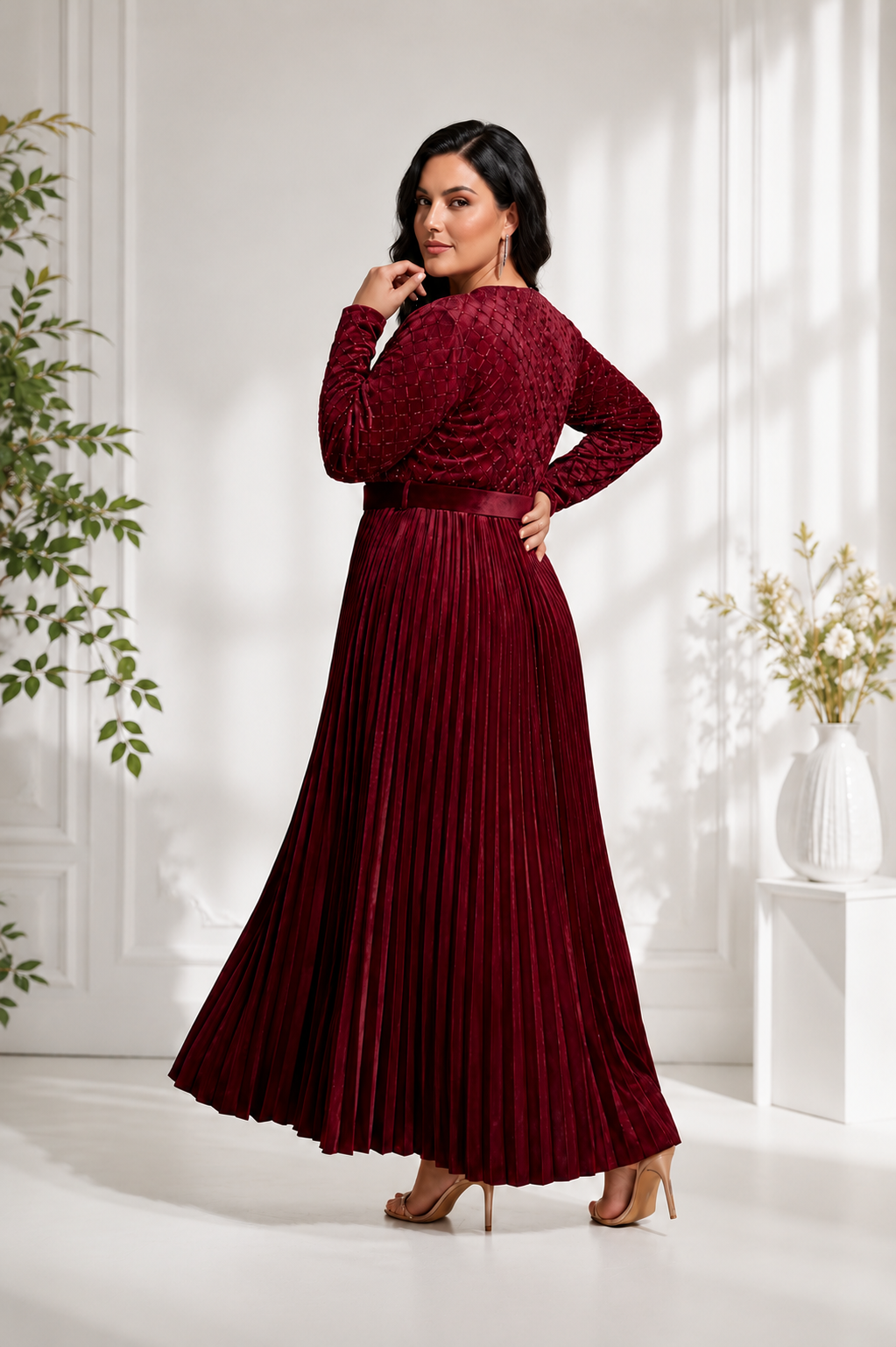 Women's Maroon Pleated Party Wear Gown with Belt