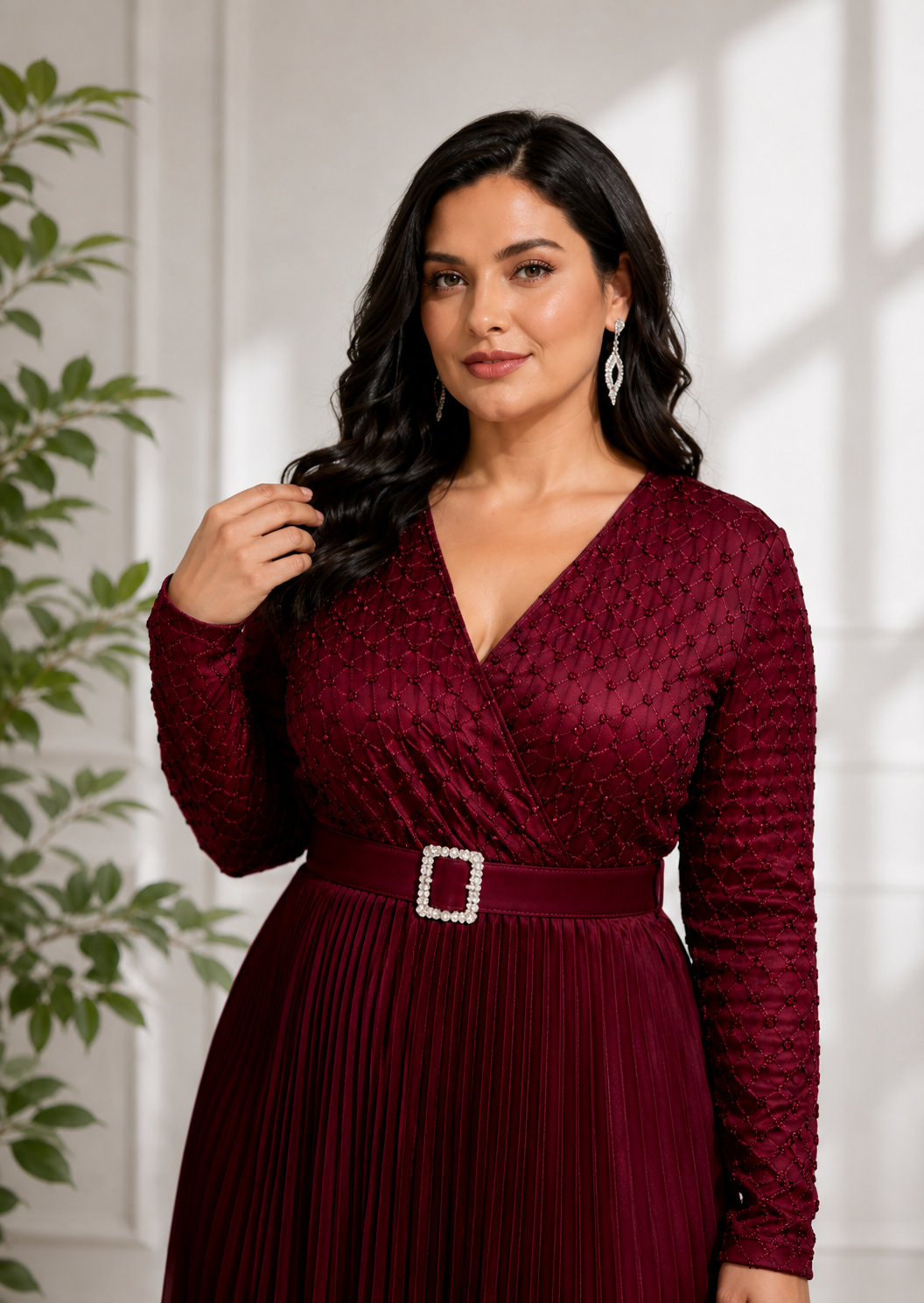 Women's Maroon Pleated Party Wear Gown with Belt