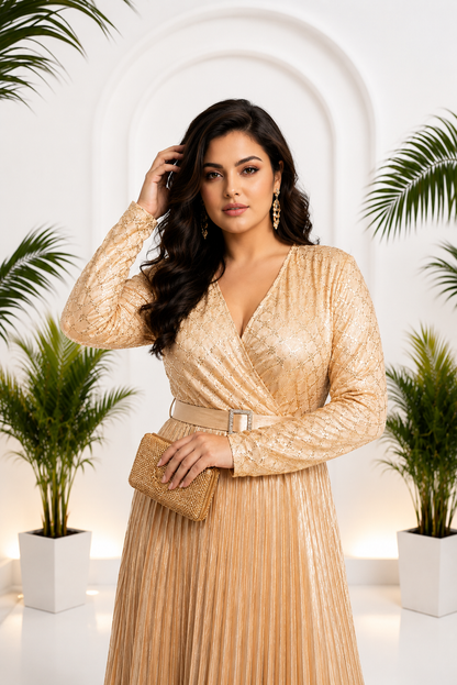 Women's Gold Pleated Party Wear Gown with Belt