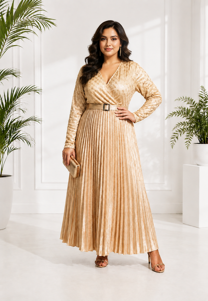 Women's Gold Pleated Party Wear Gown with Belt