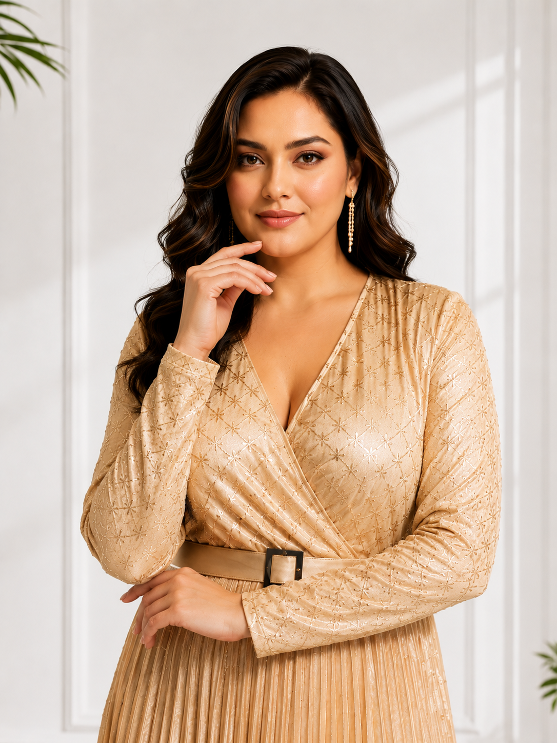 Women's Gold Pleated Party Wear Gown with Belt