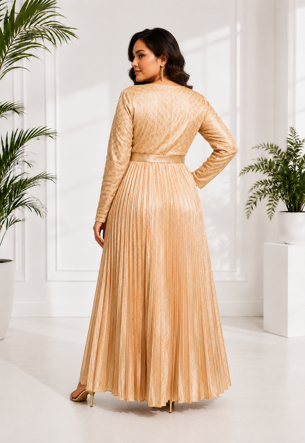 Women's Gold Pleated Party Wear Gown with Belt