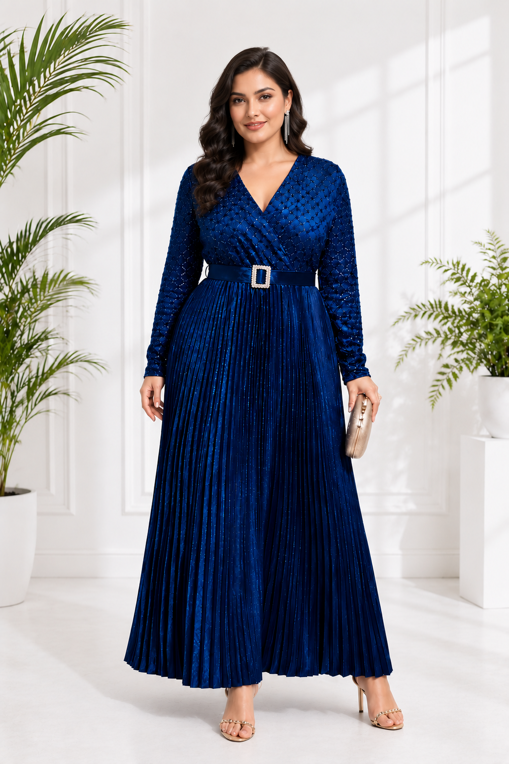 Women's Royal Blue Pleated Party Wear Gown with Belt