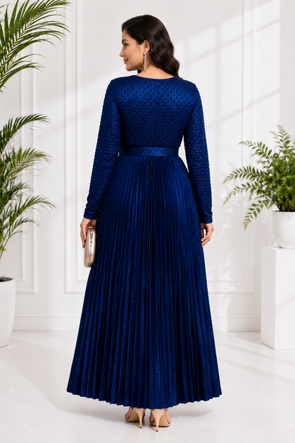 Women's Royal Blue Pleated Party Wear Gown with Belt