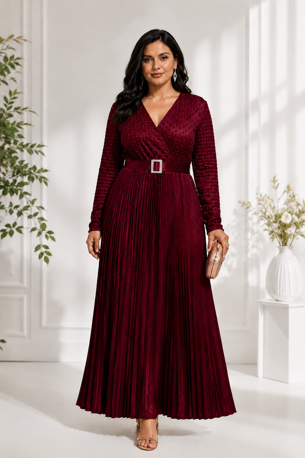 Women's Maroon Pleated Party Wear Gown with Belt