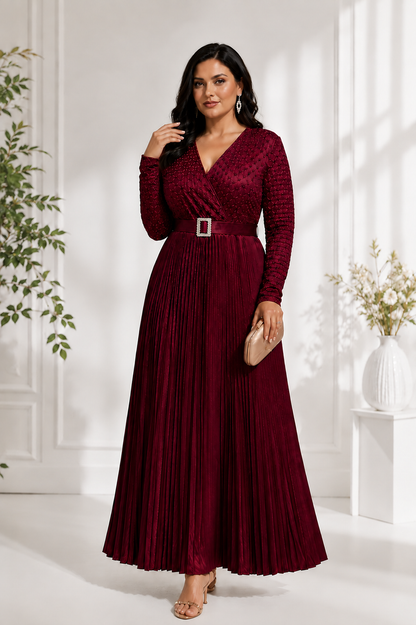 Women's Maroon Pleated Party Wear Gown with Belt