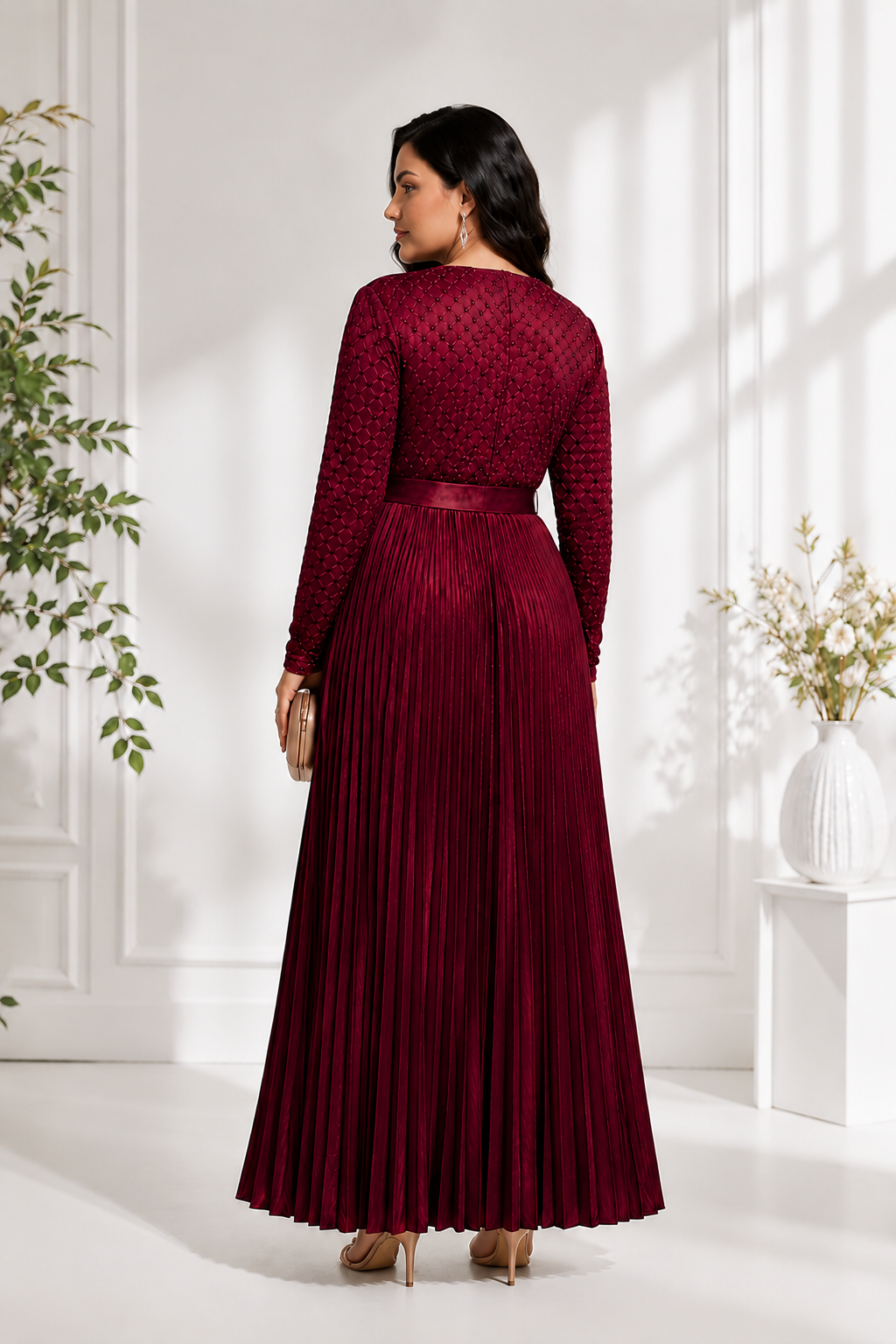 Women's Maroon Pleated Party Wear Gown with Belt