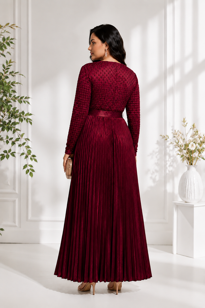 Women's Maroon Pleated Party Wear Gown with Belt
