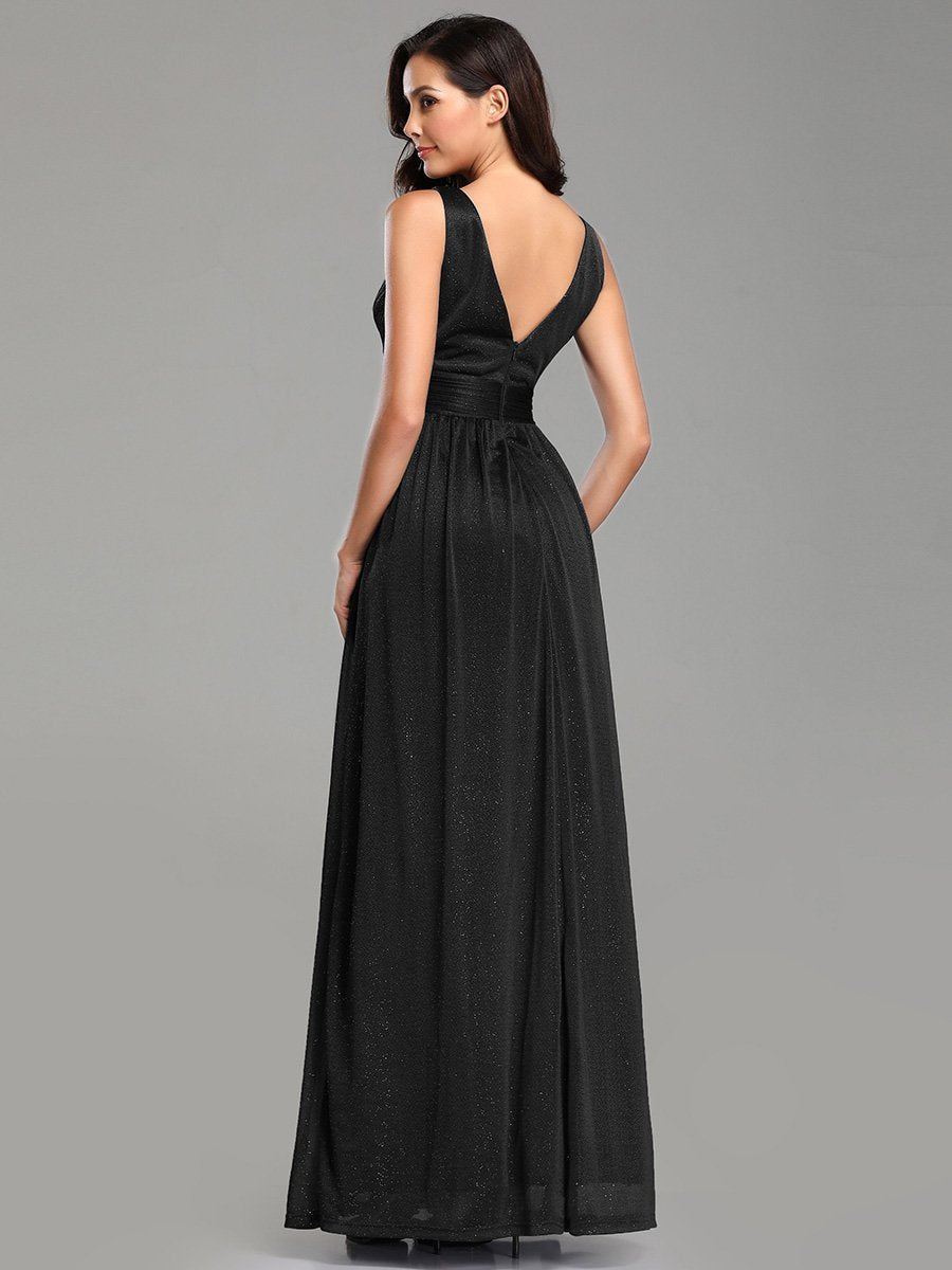 Women's Black Glitter Georgette Party Wear Gown – Sleeveless V-Neck Maxi Dress