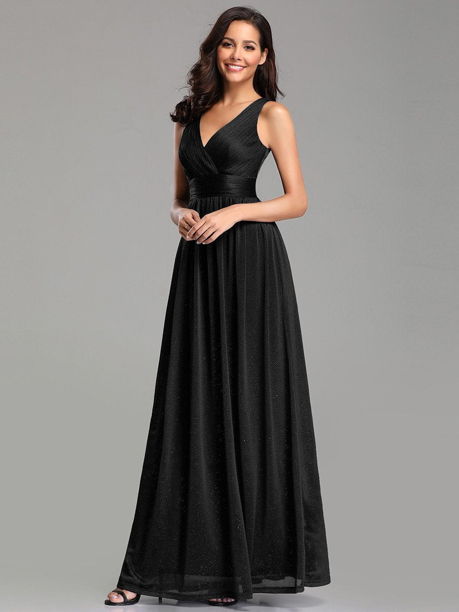 Women's Black Glitter Georgette Party Wear Gown – Sleeveless V-Neck Maxi Dress