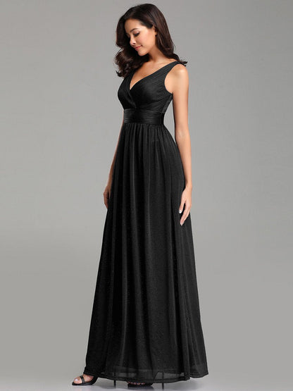 Women's Black Glitter Georgette Party Wear Gown – Sleeveless V-Neck Maxi Dress