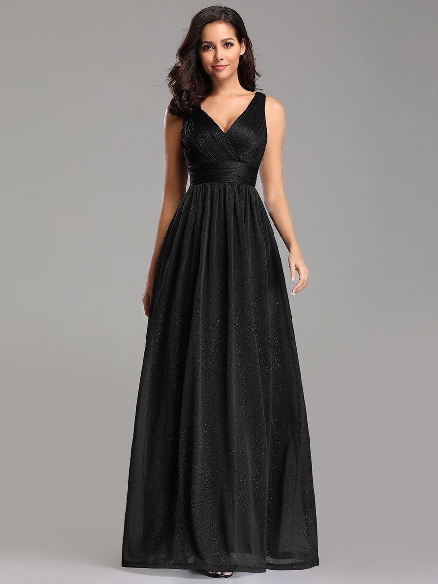 Women's Black Glitter Georgette Party Wear Gown – Sleeveless V-Neck Maxi Dress