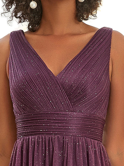 Women's Burgundy Glitter Georgette Party Wear Gown – Sleeveless V-Neck Maxi Dress