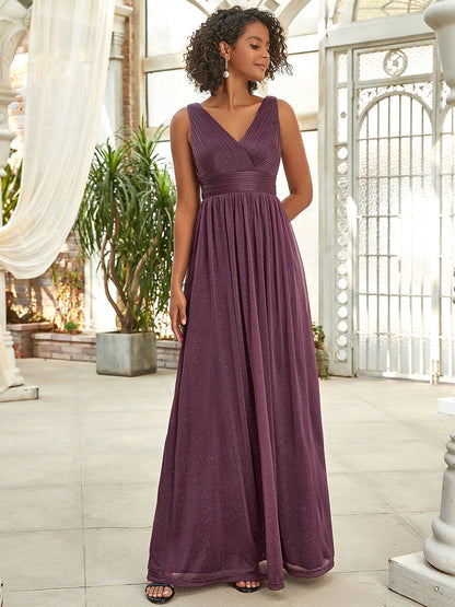 Women's Burgundy Glitter Georgette Party Wear Gown – Sleeveless V-Neck Maxi Dress