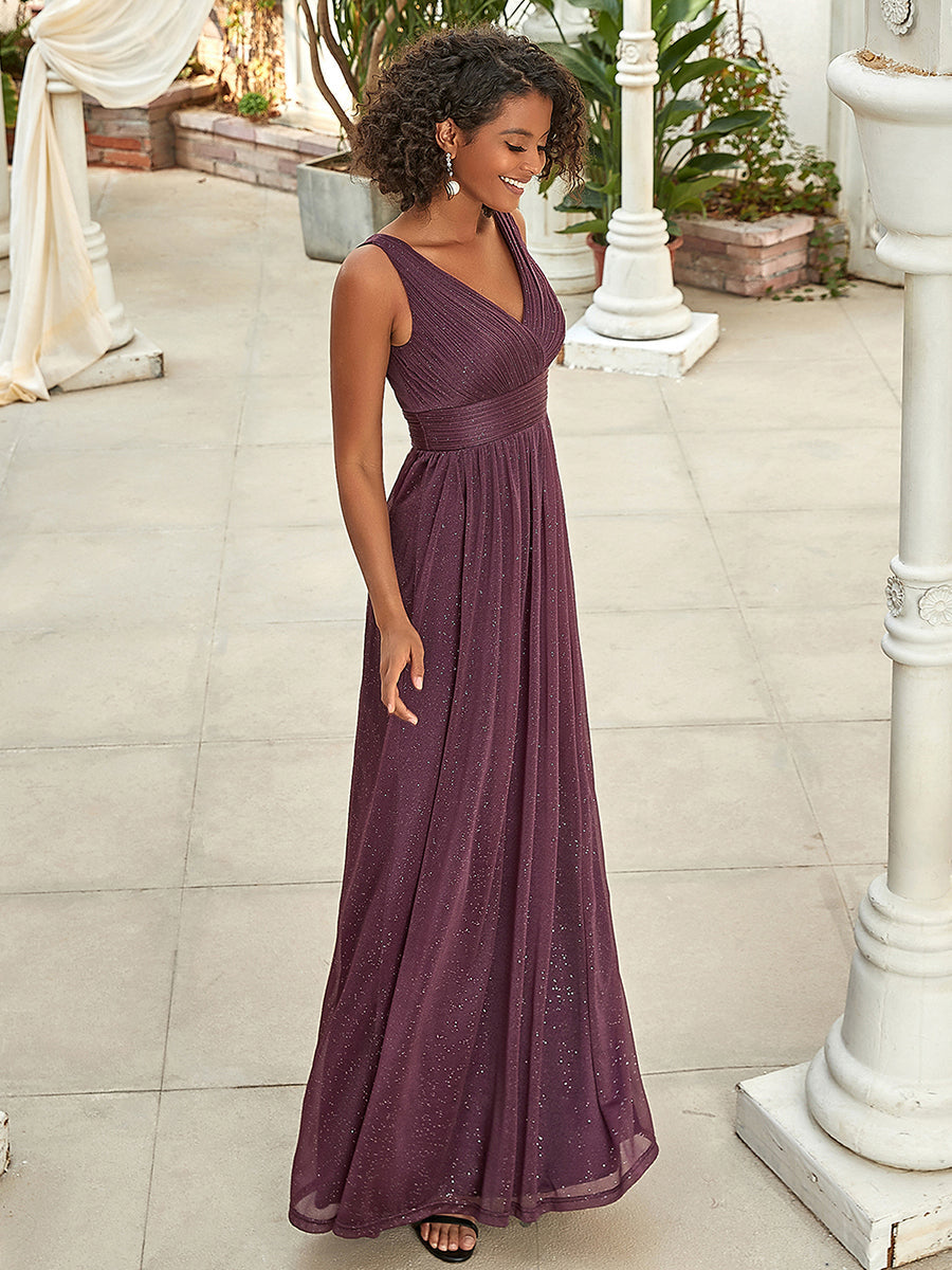 Women's Burgundy Glitter Georgette Party Wear Gown – Sleeveless V-Neck Maxi Dress