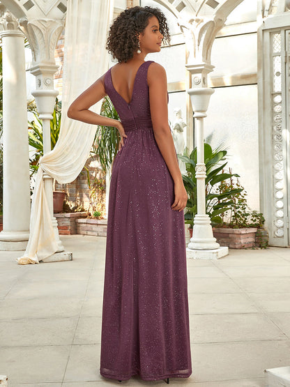 Women's Burgundy Glitter Georgette Party Wear Gown – Sleeveless V-Neck Maxi Dress