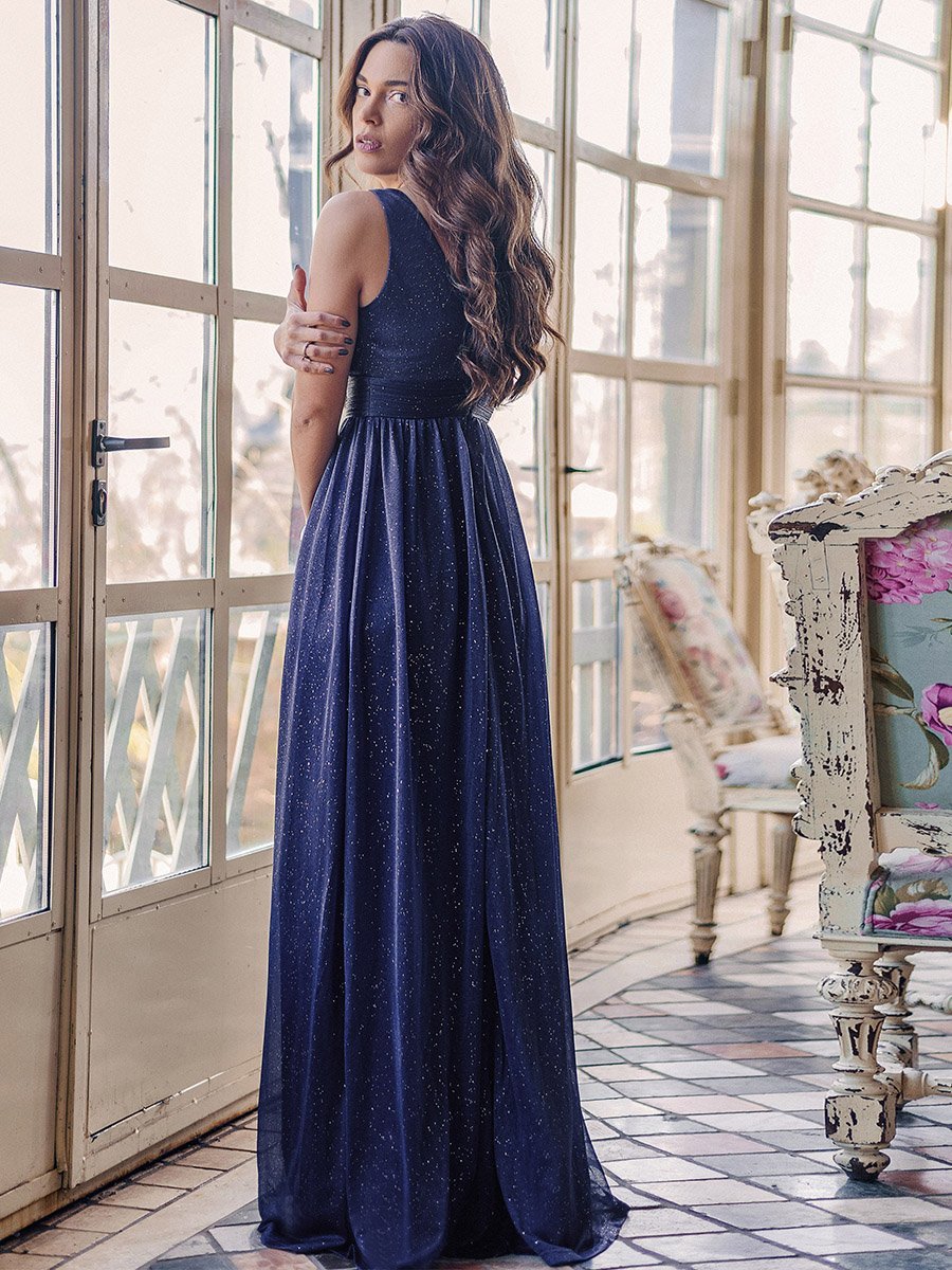 Women's Navy Blue Glitter Georgette Party Wear Gown – Sleeveless V-Neck Maxi Dress
