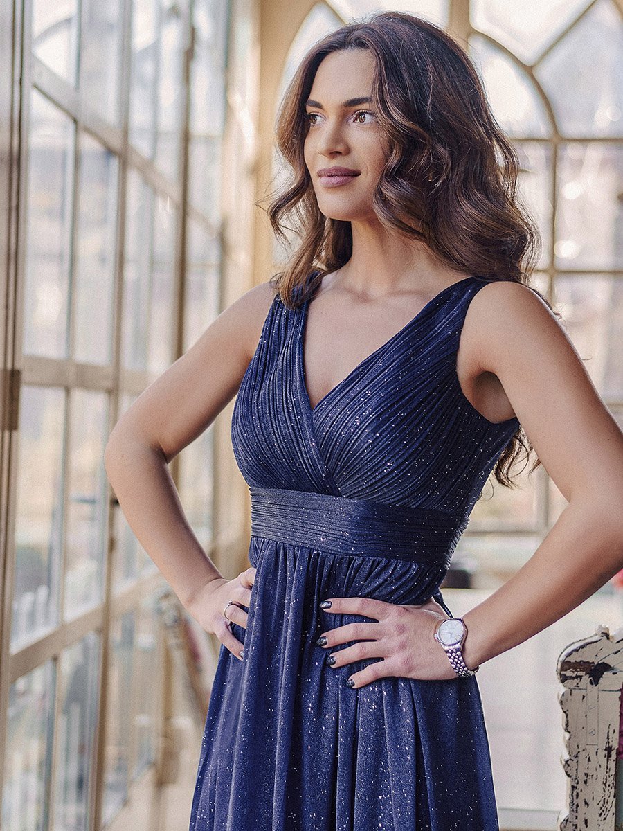 Women's Navy Blue Glitter Georgette Party Wear Gown – Sleeveless V-Neck Maxi Dress