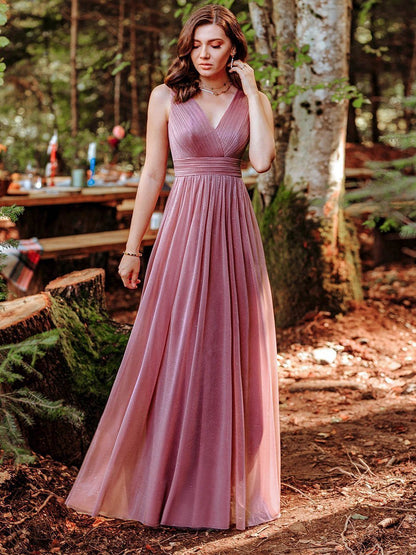 Women's Glitter Georgette Party Wear Gown | Sleeveless V-Neck Floor-Length Maxi Dress
