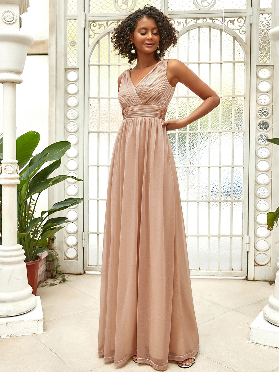 Women's Peach Glitter Georgette Party Wear Gown – Sleeveless V-Neck Maxi Dress
