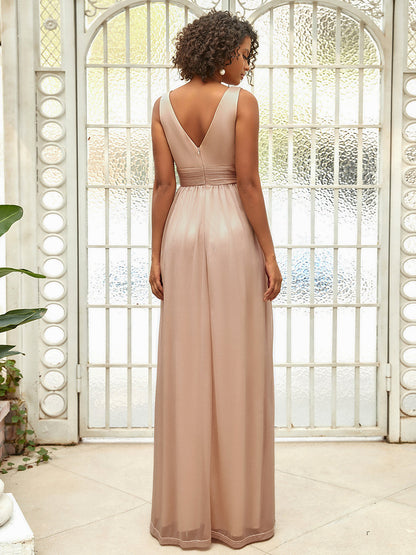 Women's Peach Glitter Georgette Party Wear Gown – Sleeveless V-Neck Maxi Dress