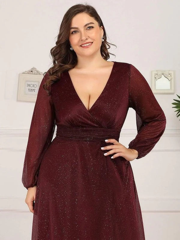 Rovika Fashion Women's Maroon Shimmer V-Neck Slit Evening Gown