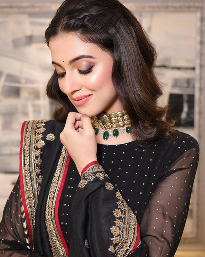 Black Heavy Faux Blooming Anarkali Gown Set with Zari & Sequins Work