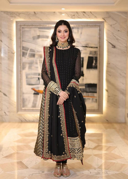 Black Heavy Faux Blooming Anarkali Gown Set with Zari & Sequins Work