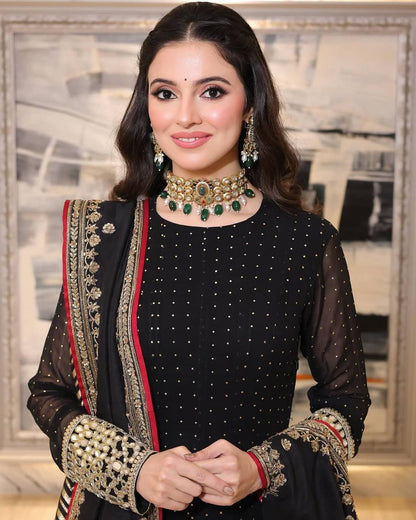 Black Heavy Faux Blooming Anarkali Gown Set with Zari & Sequins Work