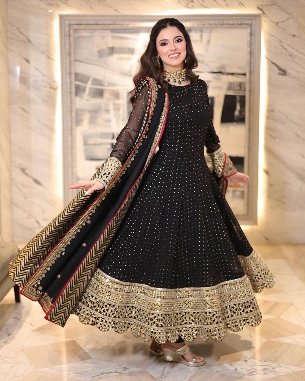 Black Heavy Faux Blooming Anarkali Gown Set with Zari & Sequins Work
