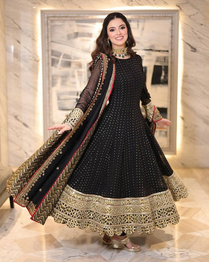 Black Heavy Faux Blooming Anarkali Gown Set with Zari & Sequins Work