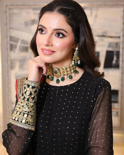 Black Heavy Faux Blooming Anarkali Gown Set with Zari & Sequins Work
