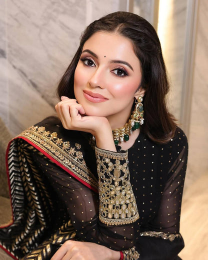 Black Heavy Faux Blooming Anarkali Gown Set with Zari & Sequins Work