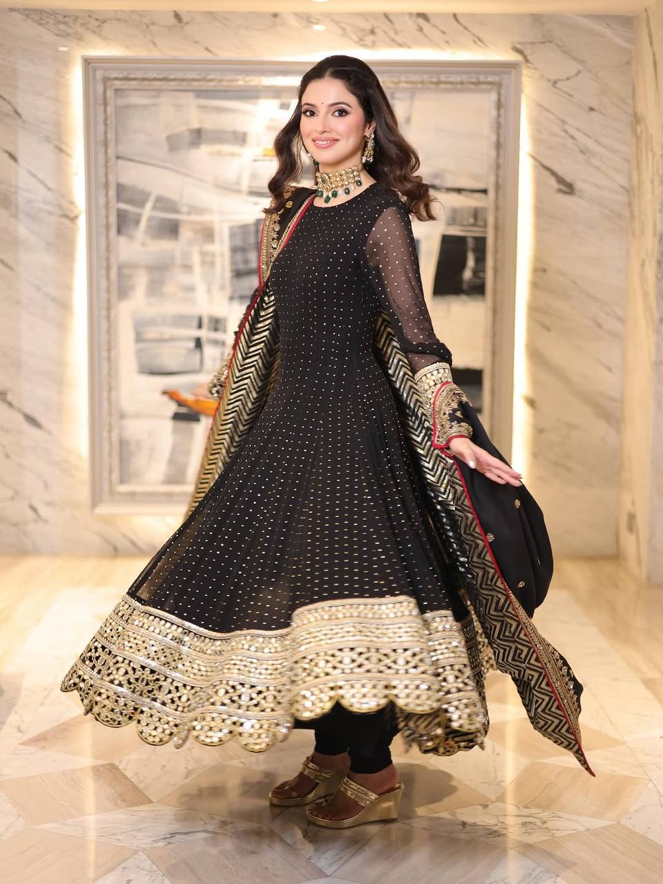 Black Heavy Faux Blooming Anarkali Gown Set with Zari & Sequins Work