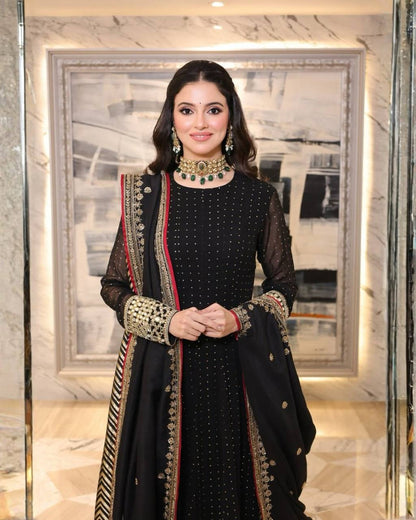 Black Heavy Faux Blooming Anarkali Gown Set with Zari & Sequins Work