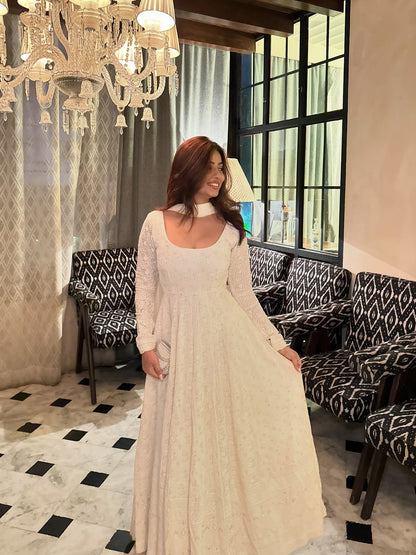 Ivory Heavy Faux Blooming Embroidered Gown Set with Pant & Dupatta