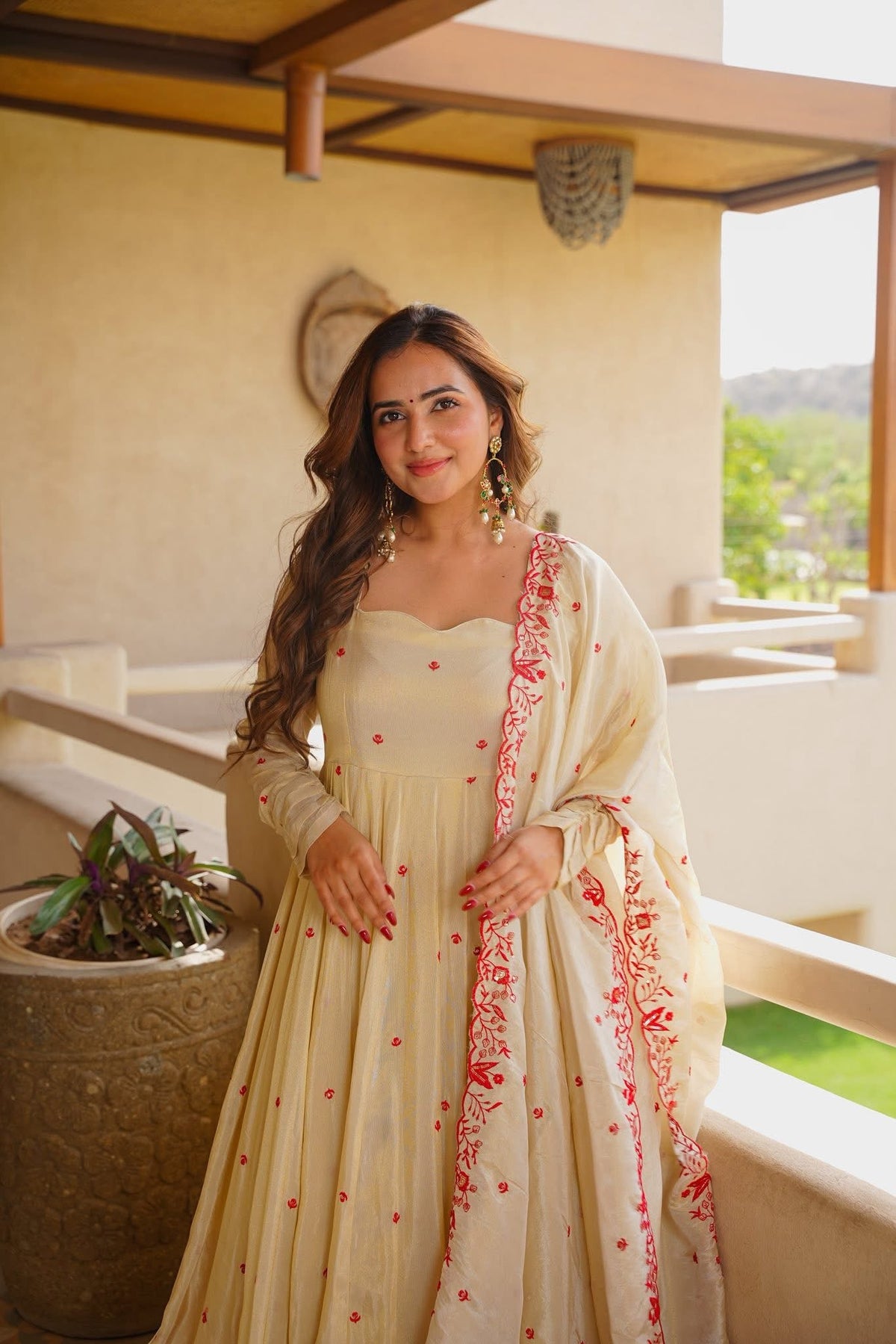 Cream Heavy Silk Embroidered Gown with Sharara & Dupatta