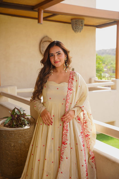 Cream Heavy Silk Embroidered Gown with Sharara & Dupatta