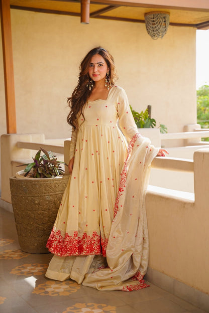 Cream Heavy Silk Embroidered Gown with Sharara & Dupatta