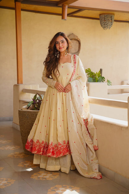 Cream Heavy Silk Embroidered Gown with Sharara & Dupatta