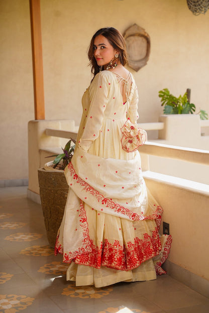Cream Heavy Silk Embroidered Gown with Sharara & Dupatta