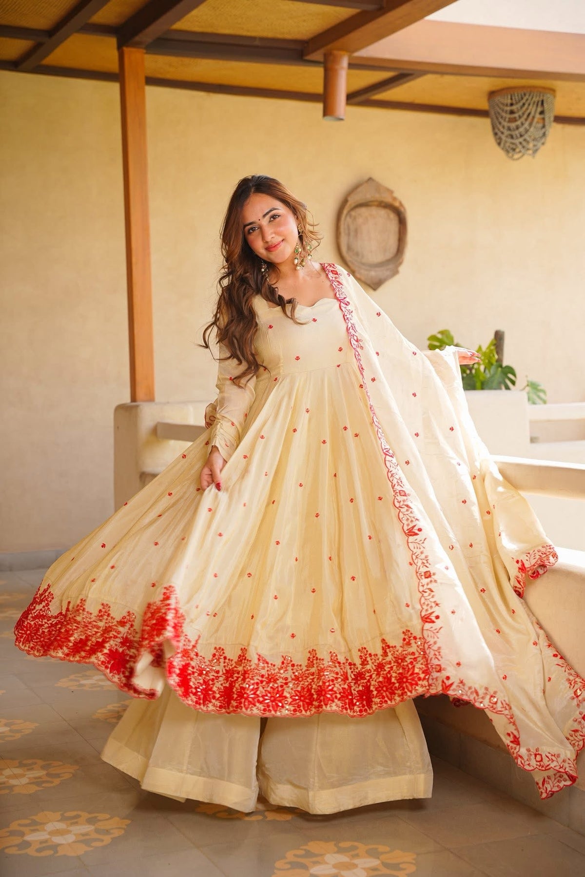 Cream Heavy Silk Embroidered Gown with Sharara & Dupatta