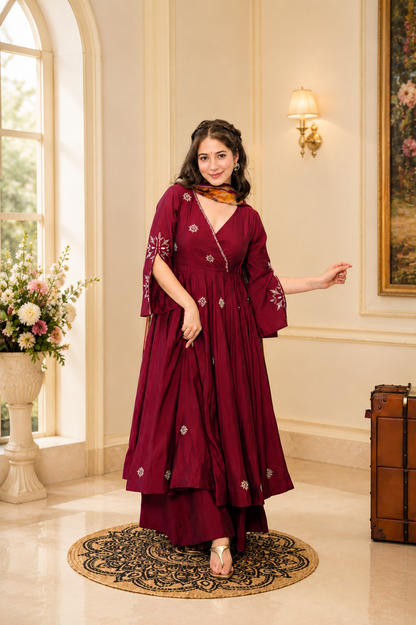 Wine Rayon Cotton Anarkali Suit Set with Heavy Zari Work