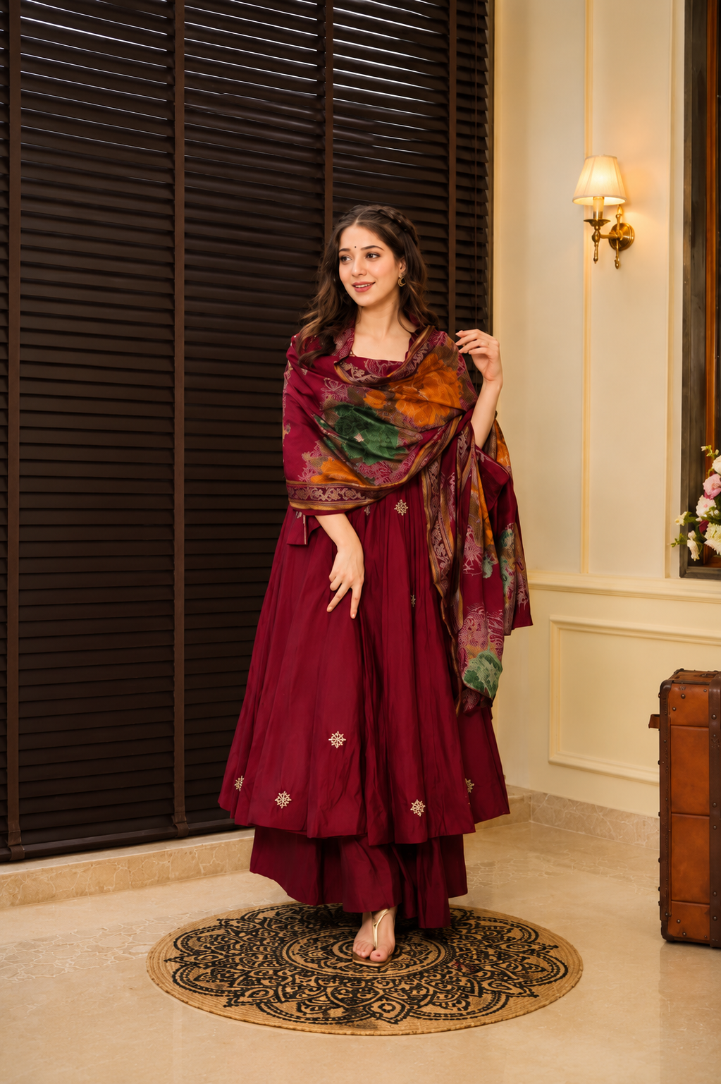 Wine Rayon Cotton Anarkali Suit Set with Heavy Zari Work